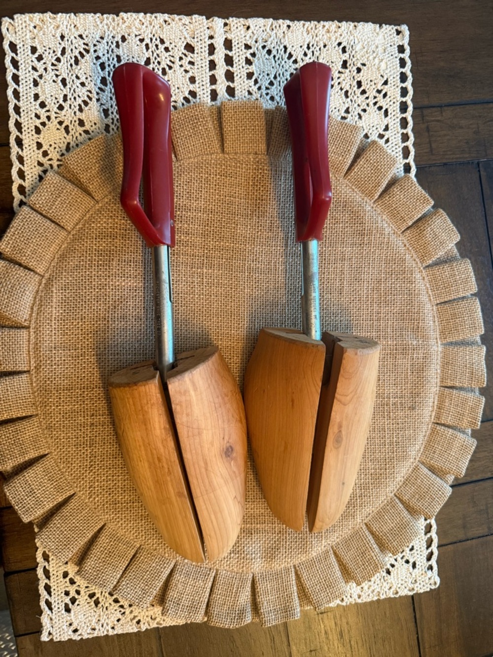 Vintage Wooden Shoe Trees with Red Handles - Pair